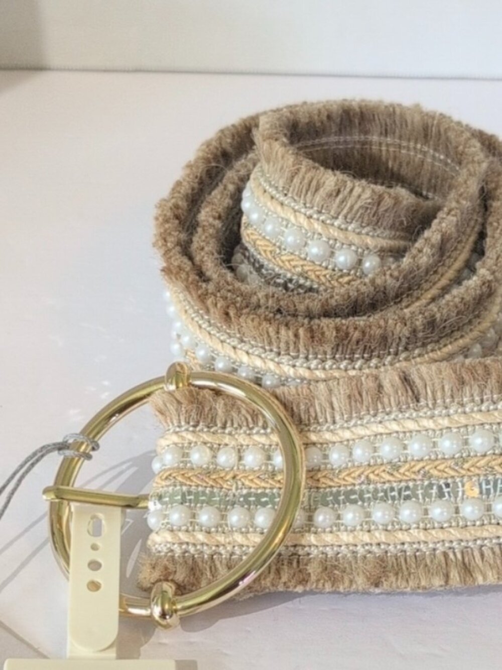 NWT - Haute Hippie Raffia Faux Pearl Boho Belt - Size Medium - Picture 2 of 8